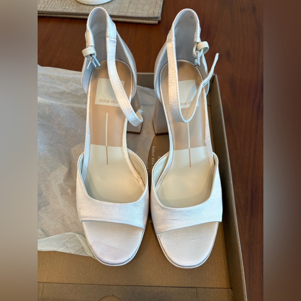 Dolce Vita White Satin Block Heel Sandals